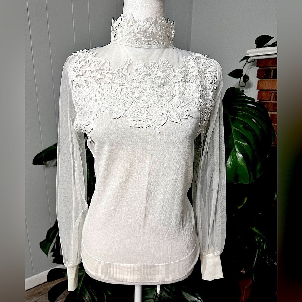 #7) Adiba knit with mesh sleeves and lace trimmed Top Size M
